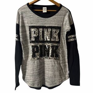PINK Victoria’s Secret Sequin Logo Long Sleeve Tee Small Gray Black Bling Top